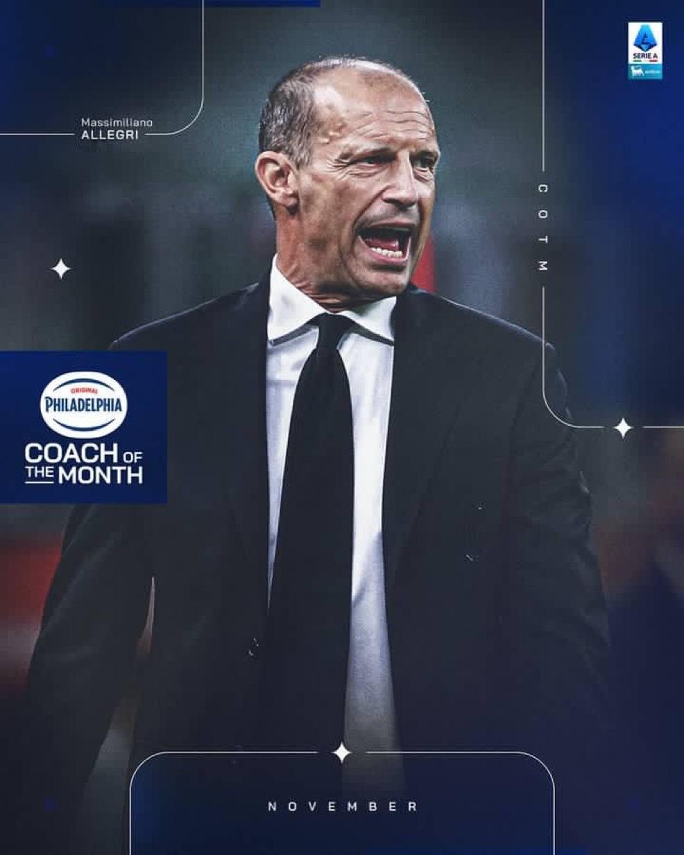 意甲官方：阿莱格里当选11月最佳教练！AC米兰