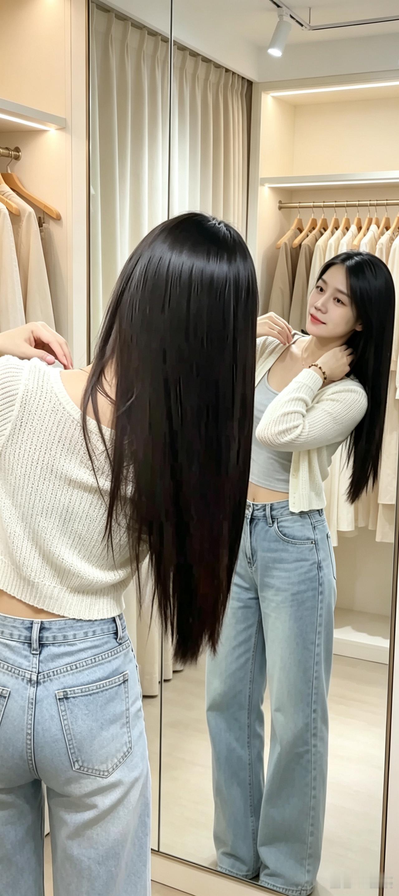 相册里有张长发妹子试衣服的照片，真是美到心坎里了。她一头柔顺的长发垂在肩膀，眼神