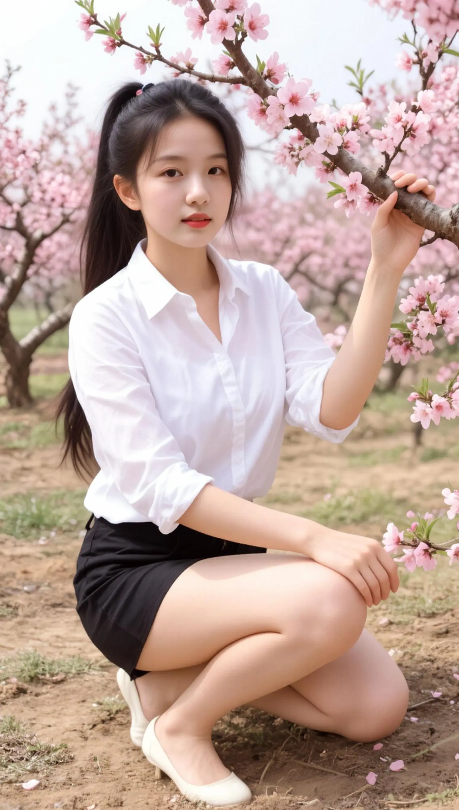 AI桃林蹲姿照 ai创作