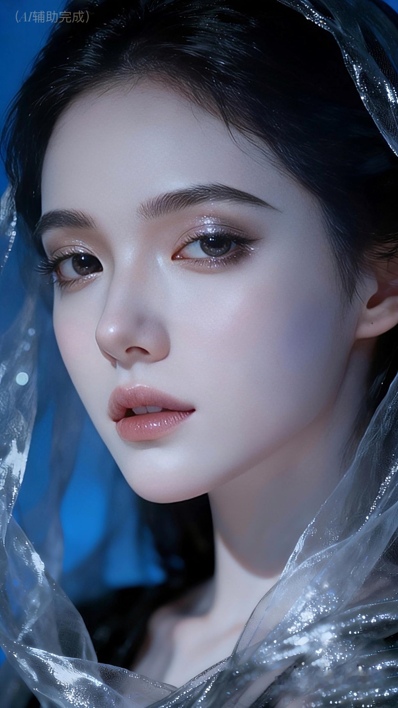 薄纱如雾绕于肩，蓝调晕染出梦幻氛围。她眼含星芒，睫羽似蝶翼轻颤；唇若绛珠，漾开温