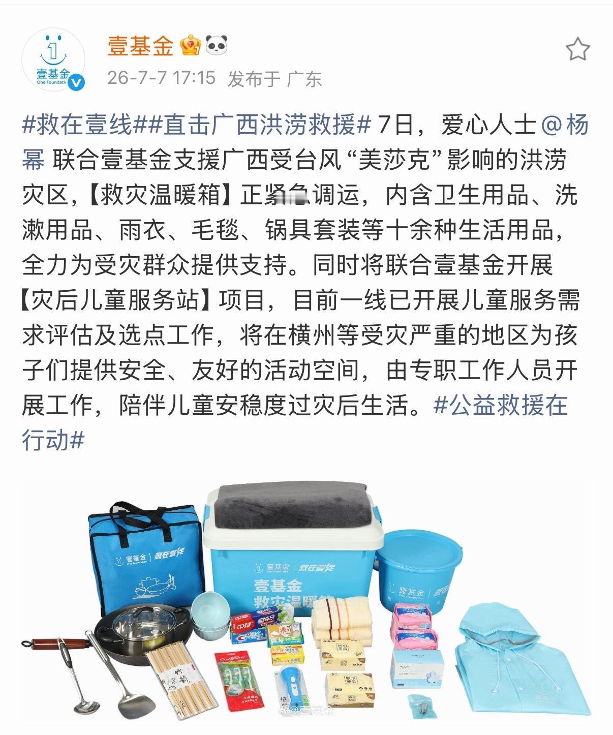 杨幂又联合壹基金捐赠物资了，愿一切平安！ 