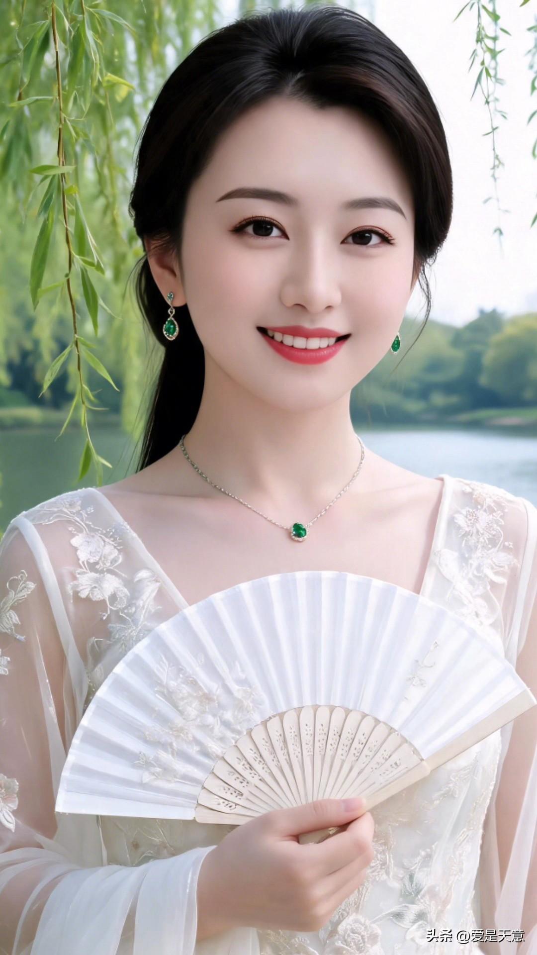 柳风拂岸，扇揽清欢。一身素衣凝着花间绣色，眉眼含笑，揽尽湖畔春日温柔，在山水绿意