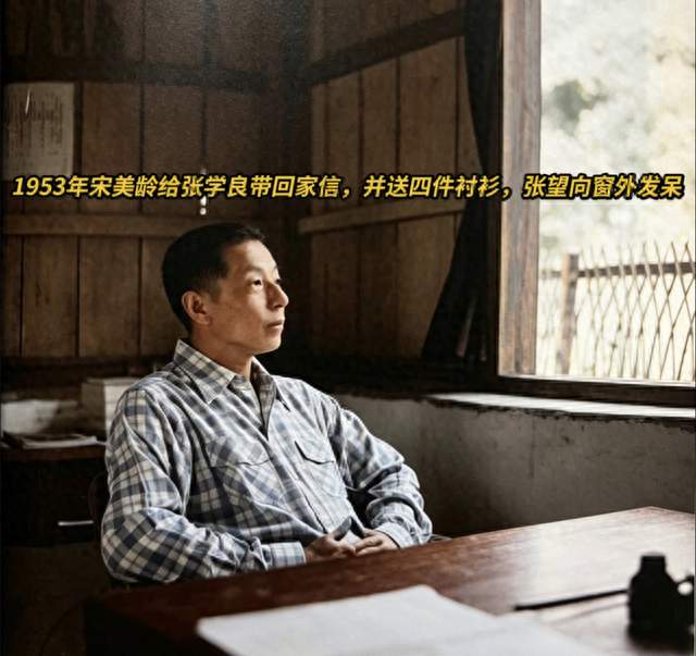 1953年，张学良收到宋美龄送的四件衬衫后，望向窗外沉思