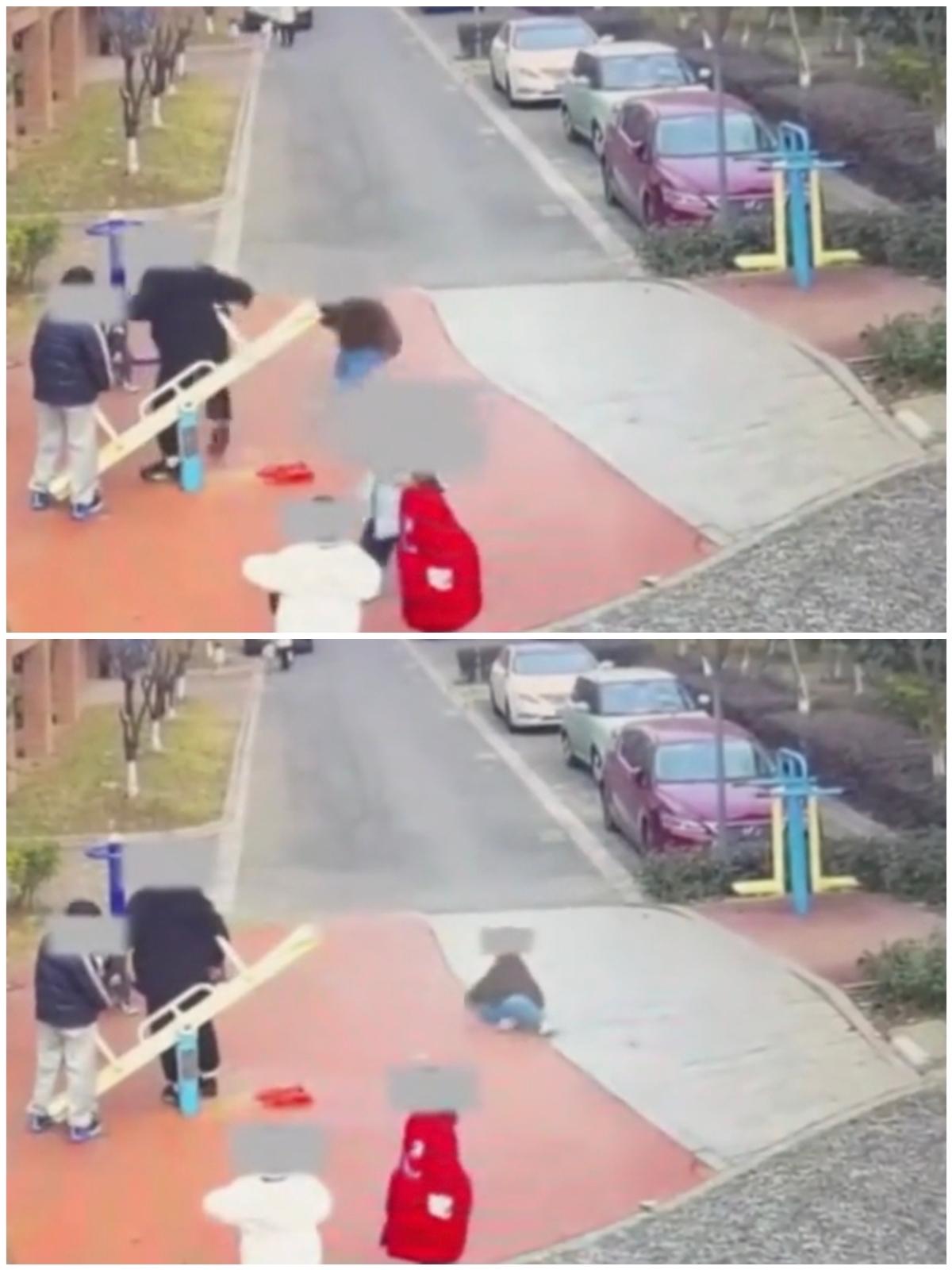 浙江一个小区里，一个七岁的小男孩被六年级的学生无故踹飞了，他没有还手，在绿化带里