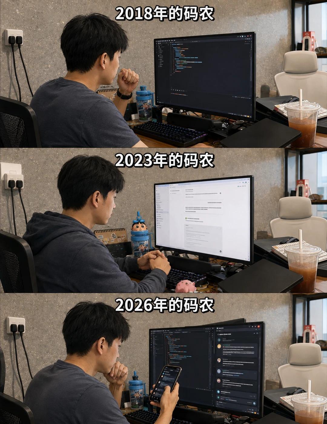码农进化史：从自己搬砖，到指挥AI搬砖
这张图，越看越像真的。
	
2018 年