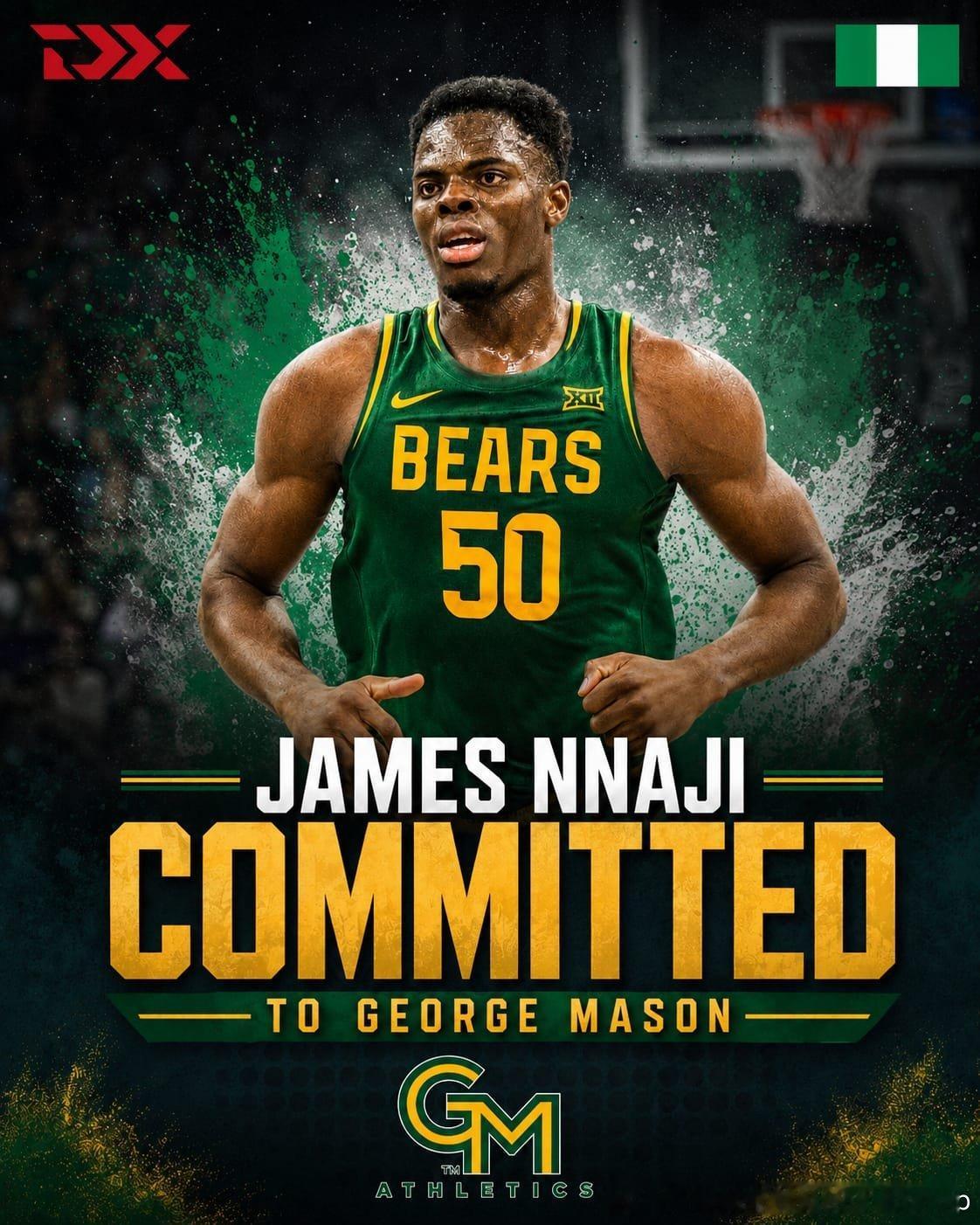 James Nnaji离开贝勒大学转校至乔治梅森，23年31顺位的新秀最终在NC