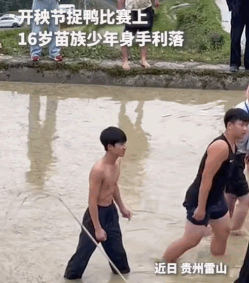 自古英雄出少年，谁说乡土少年无风华？据媒体5月8日报道，贵州雷山开秧节的捉鸭比赛