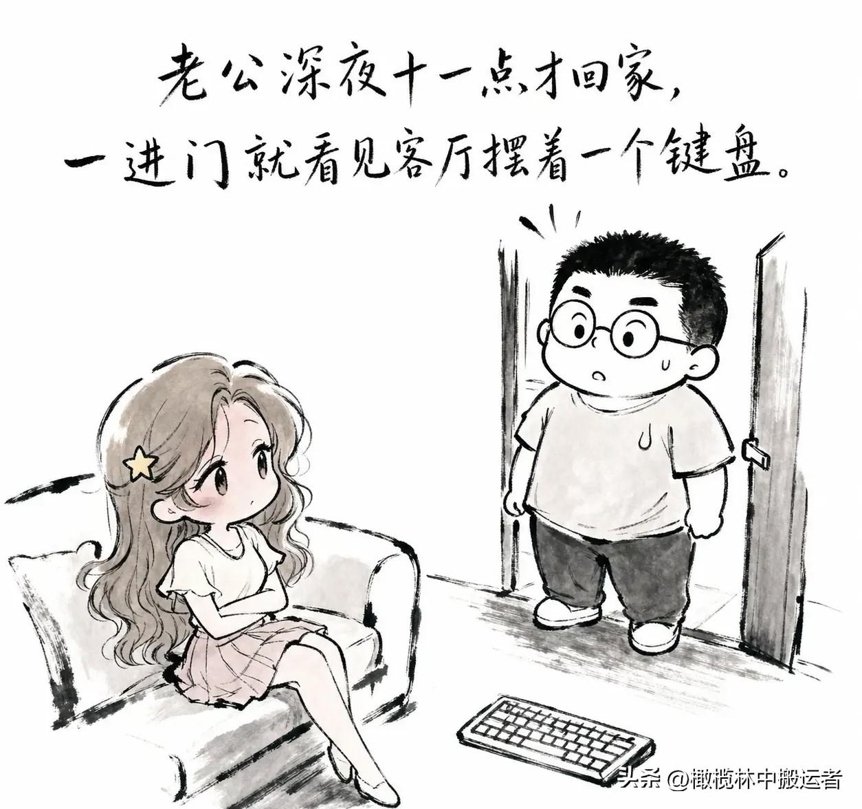 趣味漫画分享：老公深夜十一点才回家，一进门就看见客厅摆着一个键盘。老婆坐在沙发上