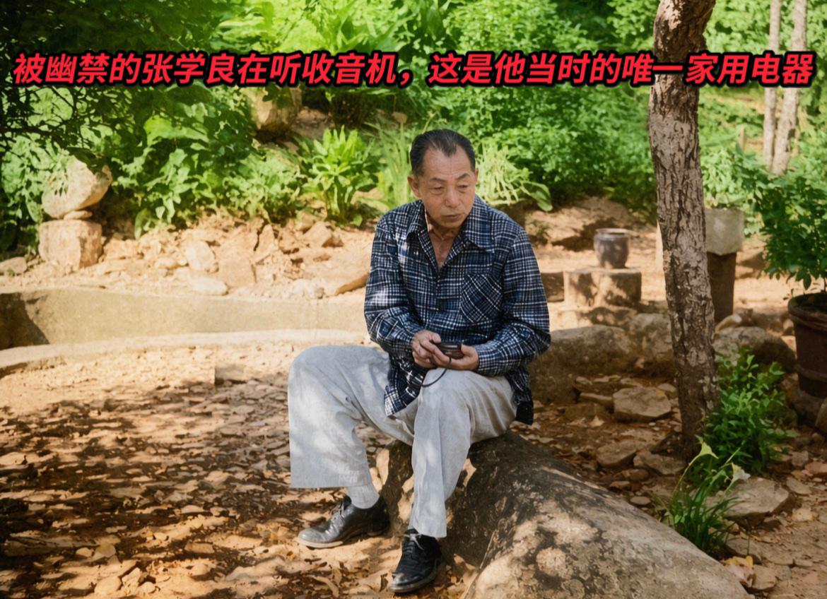 老照片：上世纪五十年代的中国台湾井上温泉，幽禁中的张学良独坐山石，手捧宋美龄赠送