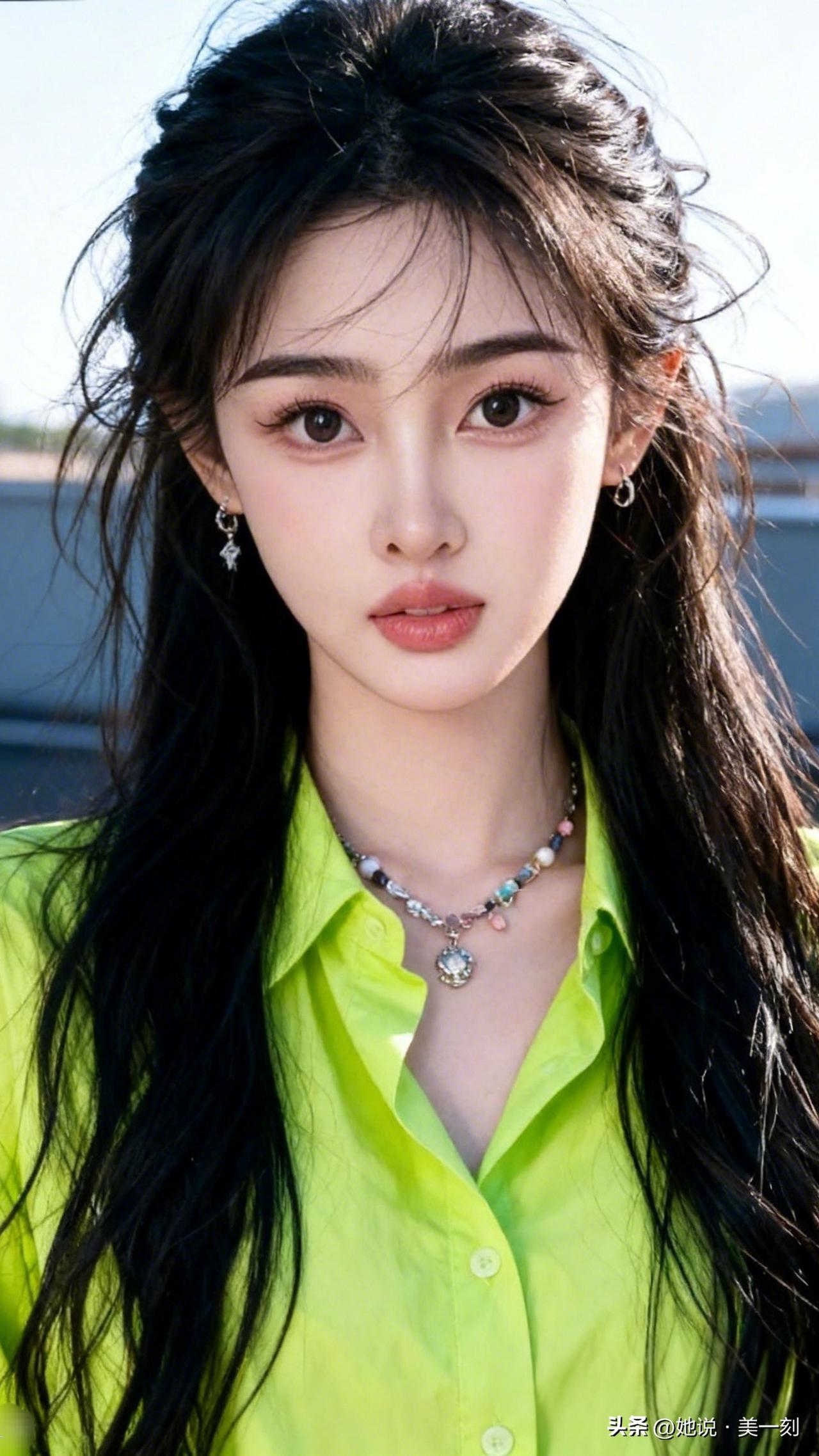 元气少女穿搭指南：荧光绿衬衫+珍珠项链，清新自然！🌞👗💎美少女美景分享