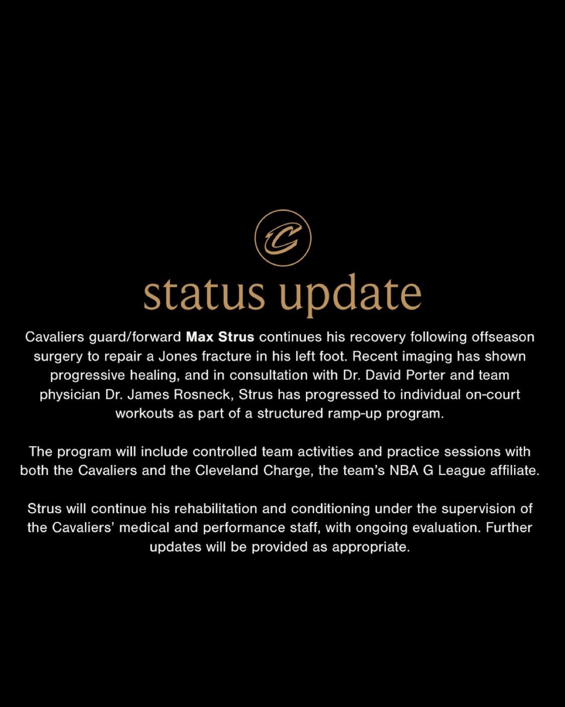 骑士队表示，斯特鲁斯的恢复取得了积极进展，目前已经可以进行单独的球场训练。接下来