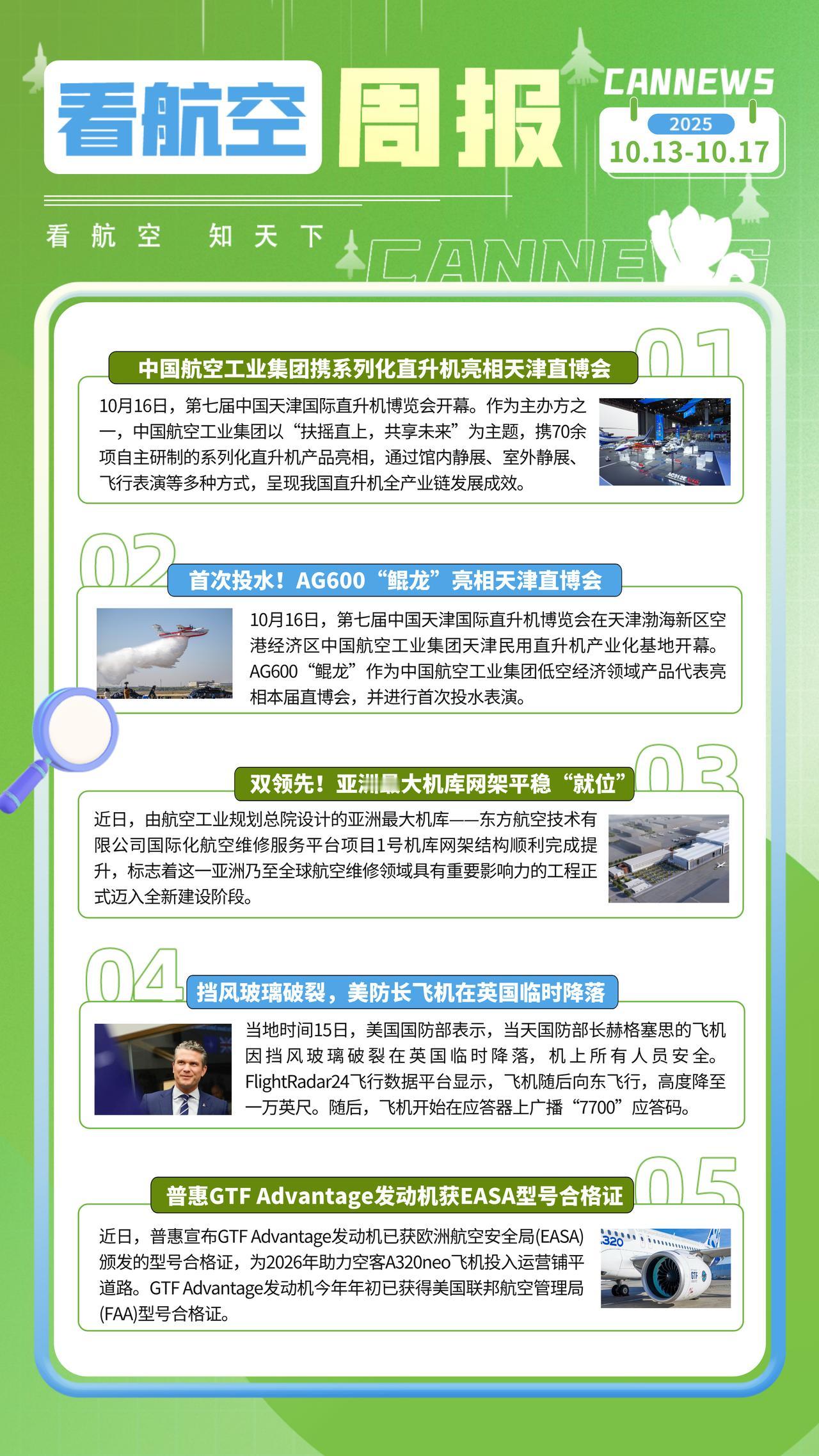 10.17周报
中国航空工业集团携系列化直升机亮相天津直博会
首次投水！AG60