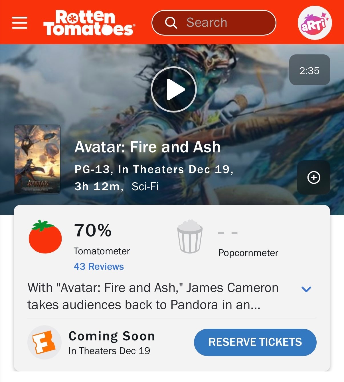 阿凡达3开分 年度科幻巨制《阿凡达3》烂番茄开分70%，本周五正式上映！《阿凡达