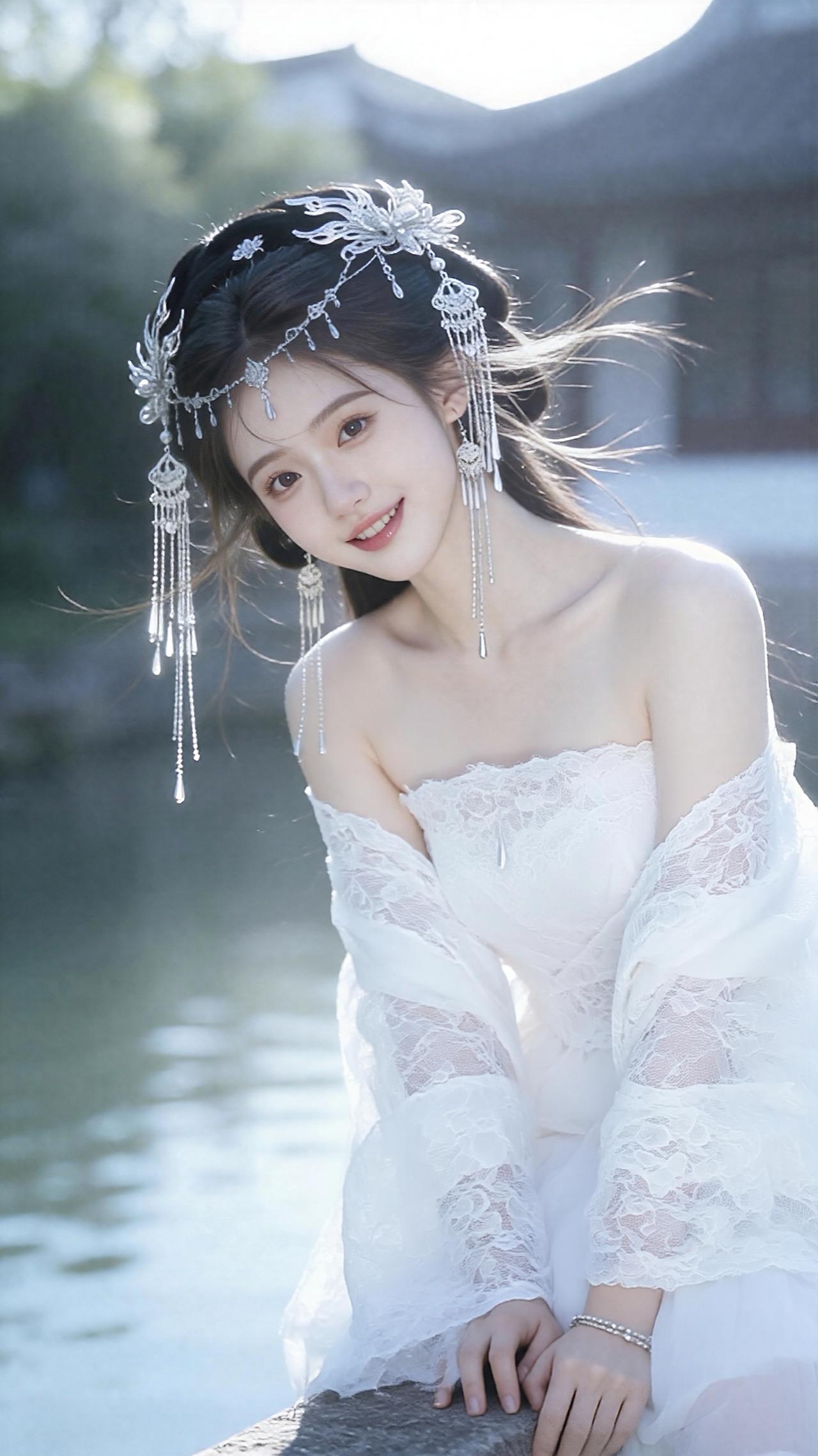 人物与造型
妆容发饰：少女眉眼清澈，笑容温婉动人。头戴银色水晶流苏发冠，精致的花