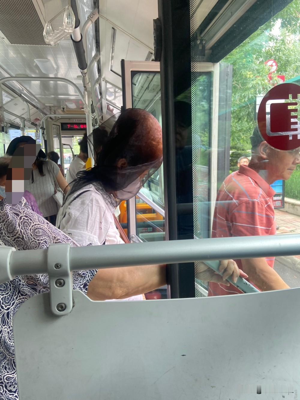 今天坐车去市里，在公交车里碰到了一个让我吃惊的盘头大姨！
这三伏天里，大姨还特别