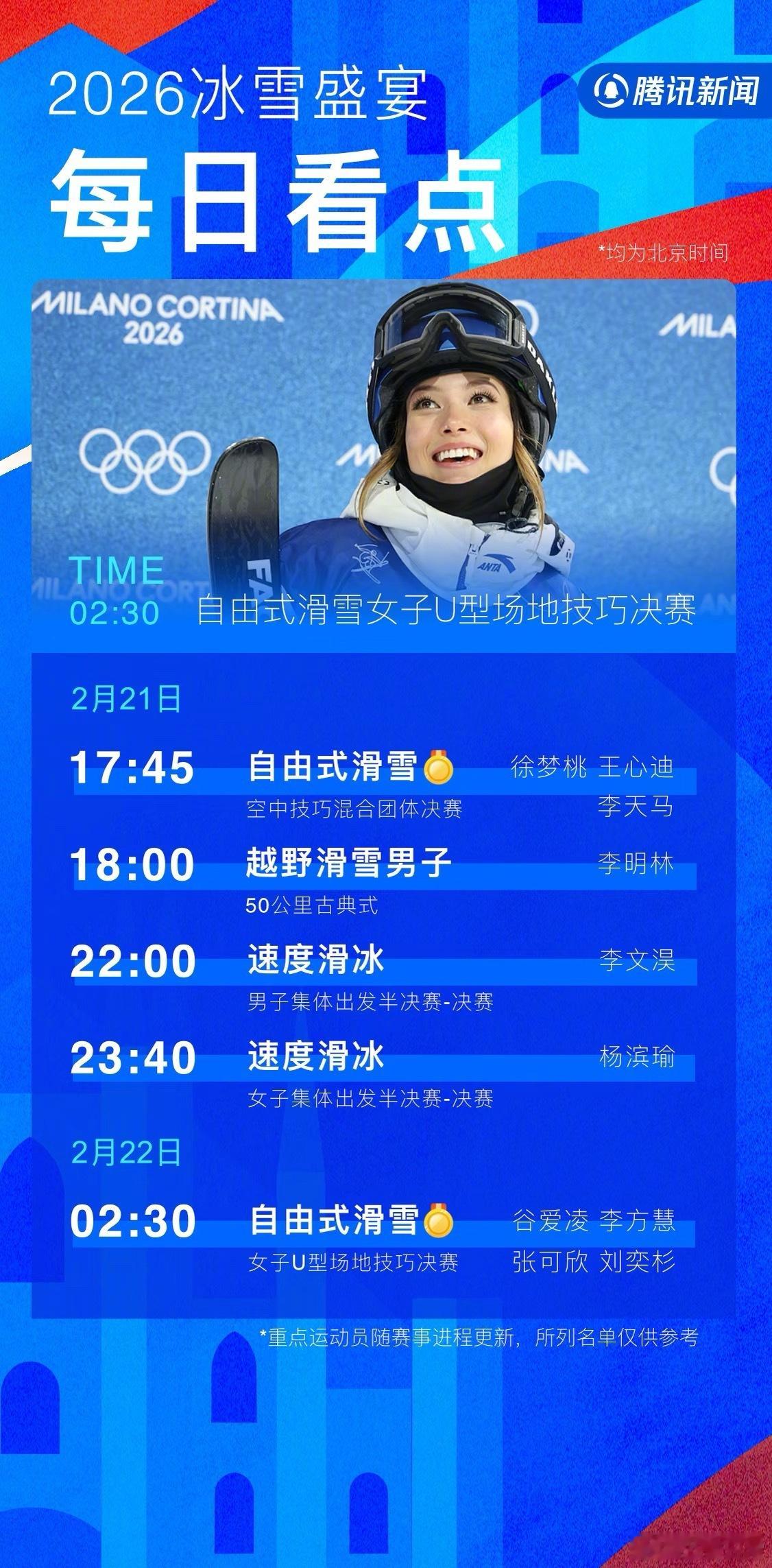 米兰冬奥会今日夺金点 