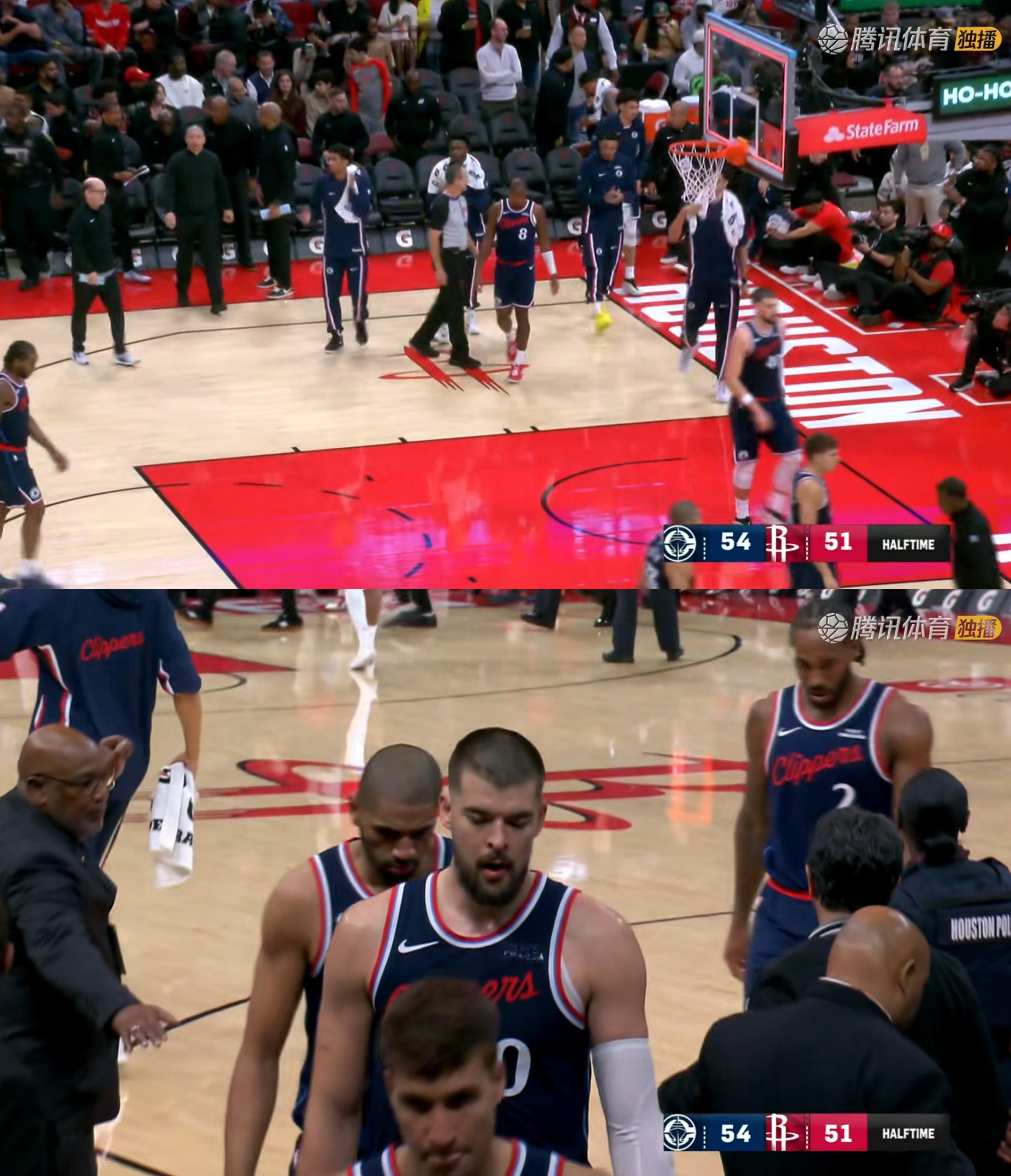 快船半场领先火箭3分。杜兰特7中1，得到3分1助攻2失误。快船能不能赢一把。快船