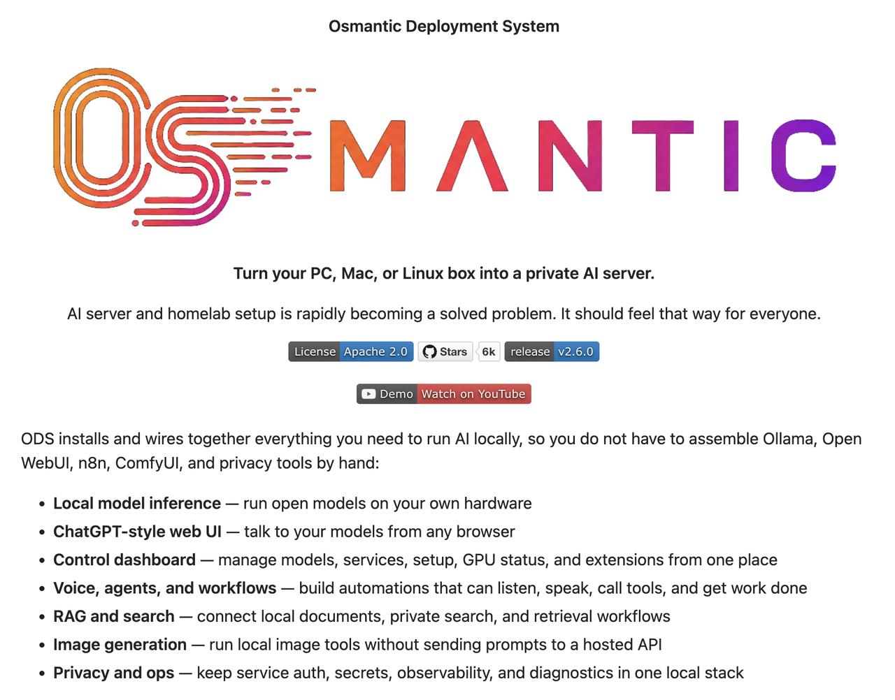 超强的本地化 AI 一键部署项目：Osmantic/ODS（GitHub：git