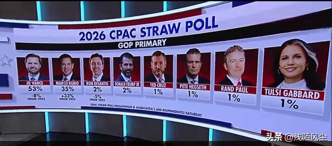 美国副总统万斯在2028年共和党总统提名的CPAC稻草民调中遥遥领先，最接近他的