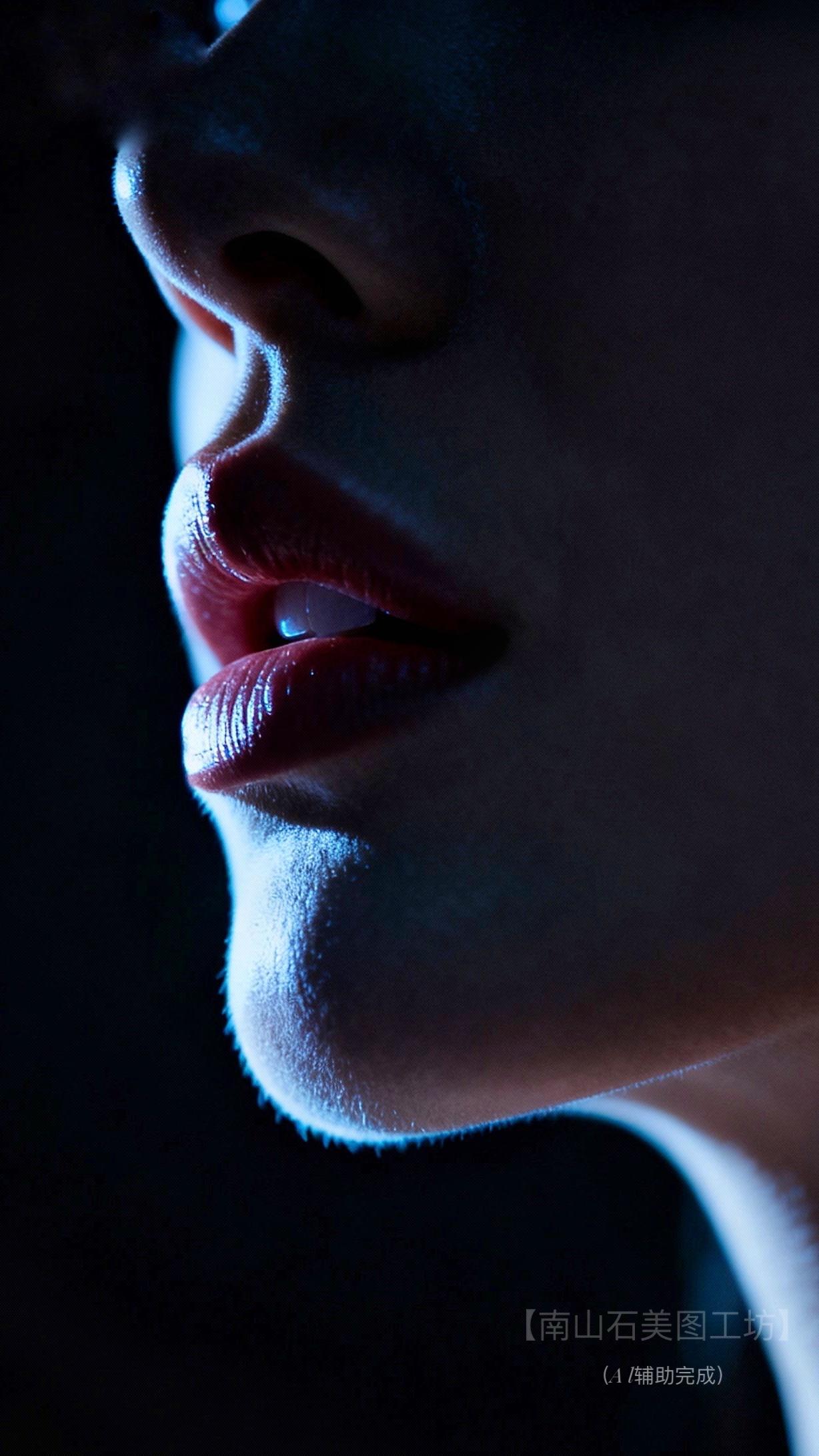 蓝调光影轻描侧颜，绛色唇瓣似盛着星夜微光，肌理在明暗间漾出柔缎质感。静谧里锋芒暗