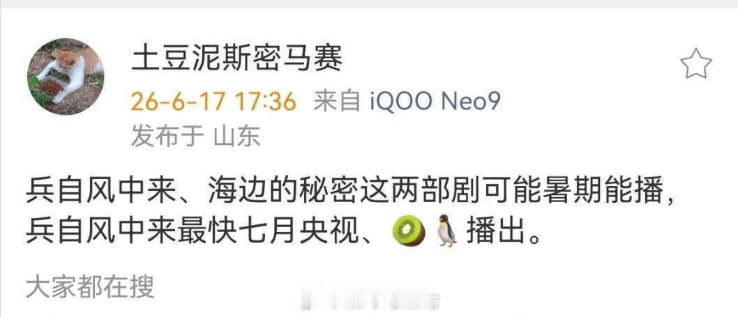 兵自风中来、海边的秘密这两部剧可能暑期能播，兵自风中来最快七月央视、🥝🐧播出