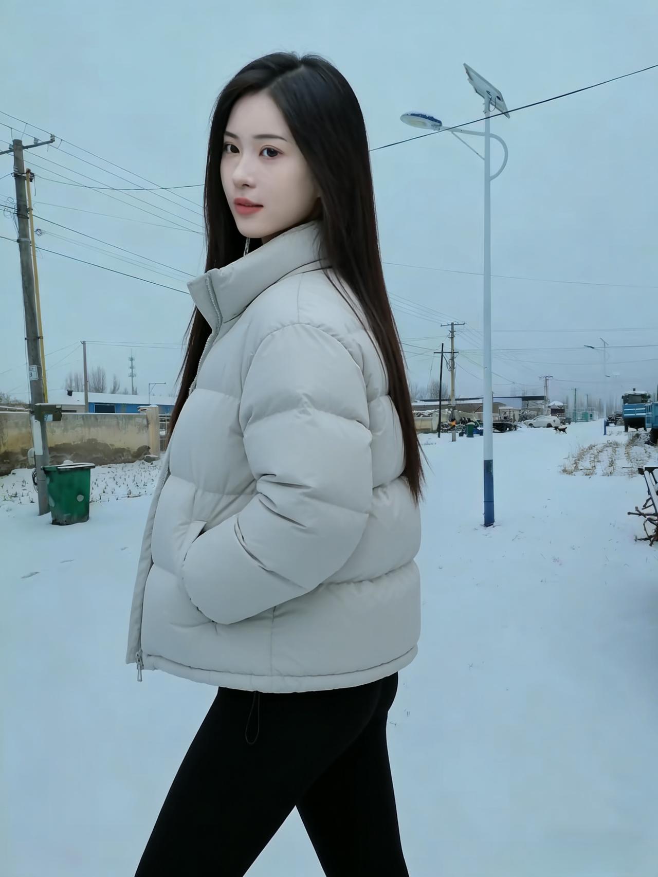 羽绒服暖立霜畴，雪覆平芜意自悠。
一转秋波凝冷雪，人间冬色缘伊柔。