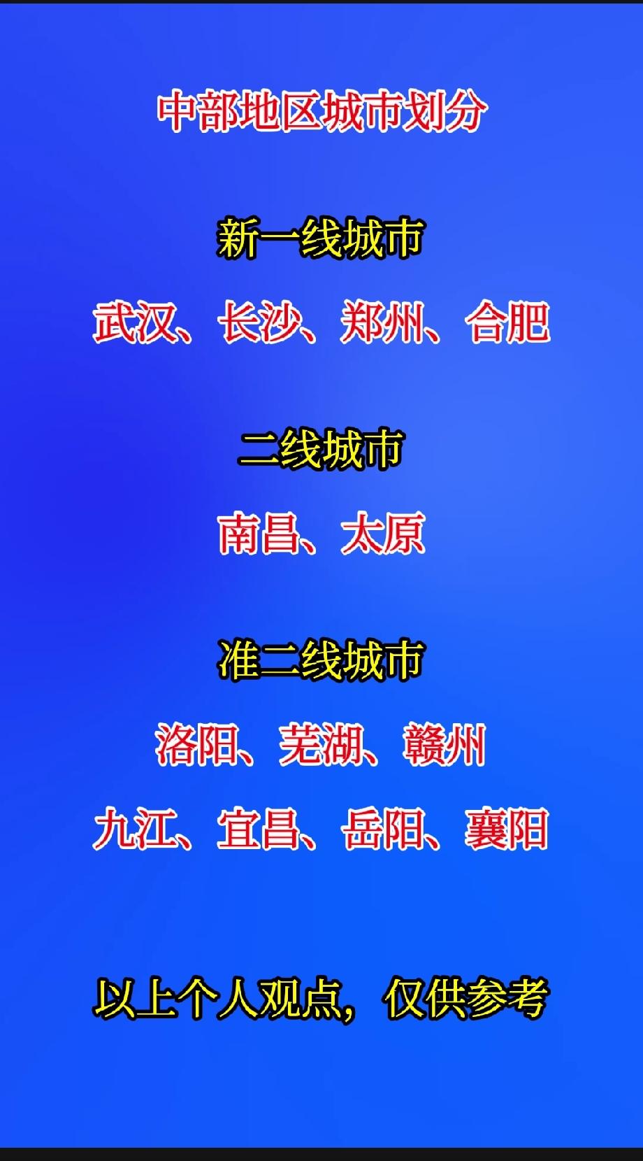 中部地区城市划分

新一线城市

武汉、长沙、郑州、合肥

二线城市
 
南昌、