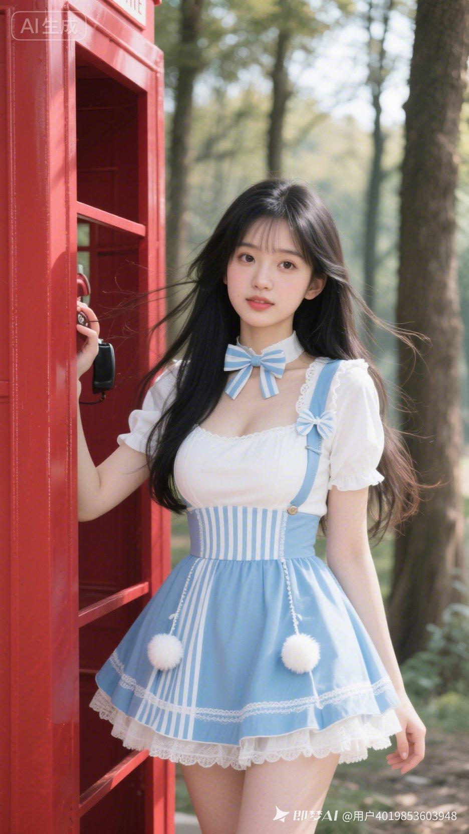 美少女黑长直蓬松垂坠，白内搭搭蓝白洛丽塔背带裙。红电话亭配林间背景，侧光轻飘发丝