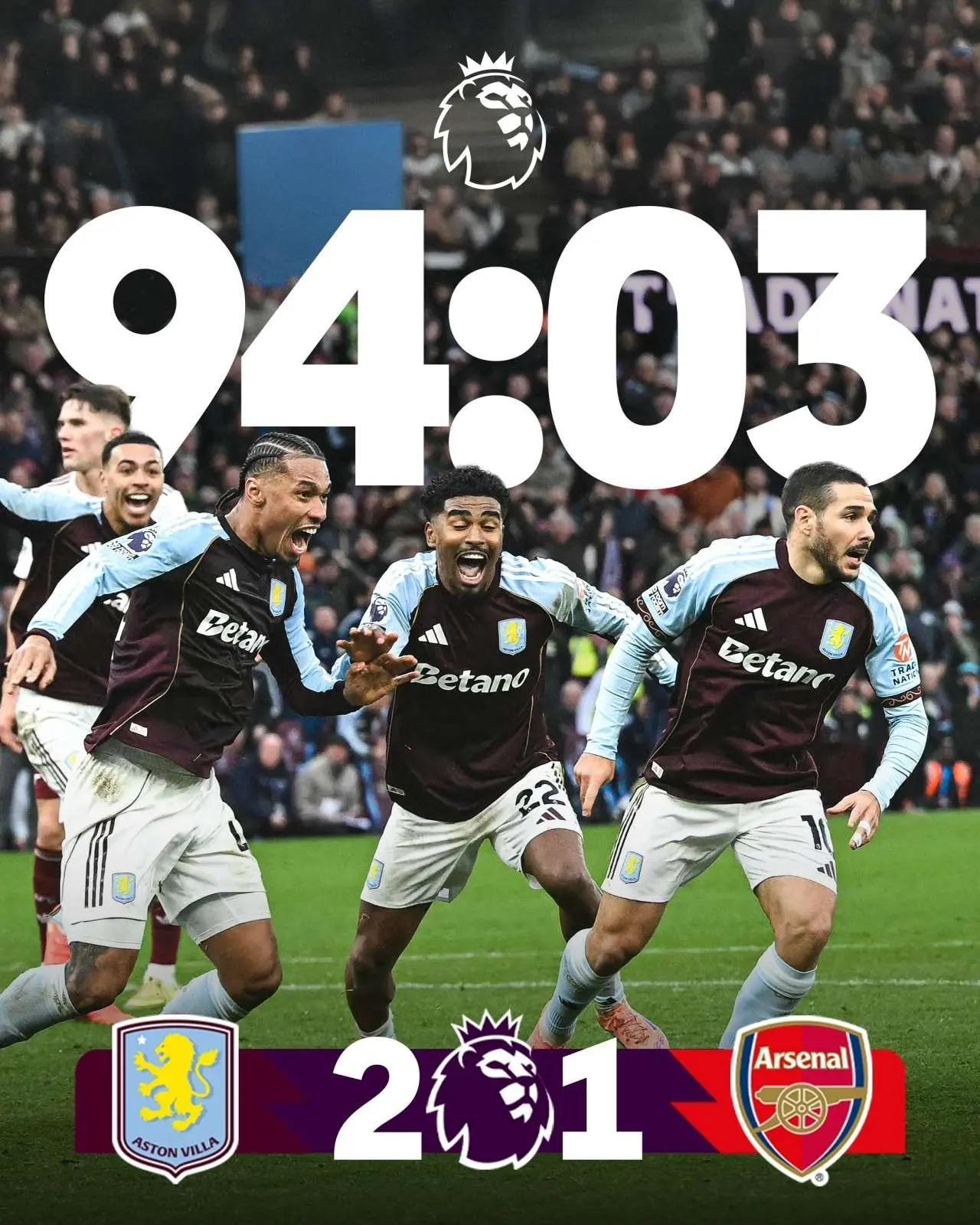 维拉2-1绝杀阿森纳，近10轮9胜仅输给利物浦，接连赢下热刺、曼城和阿森纳，先赛