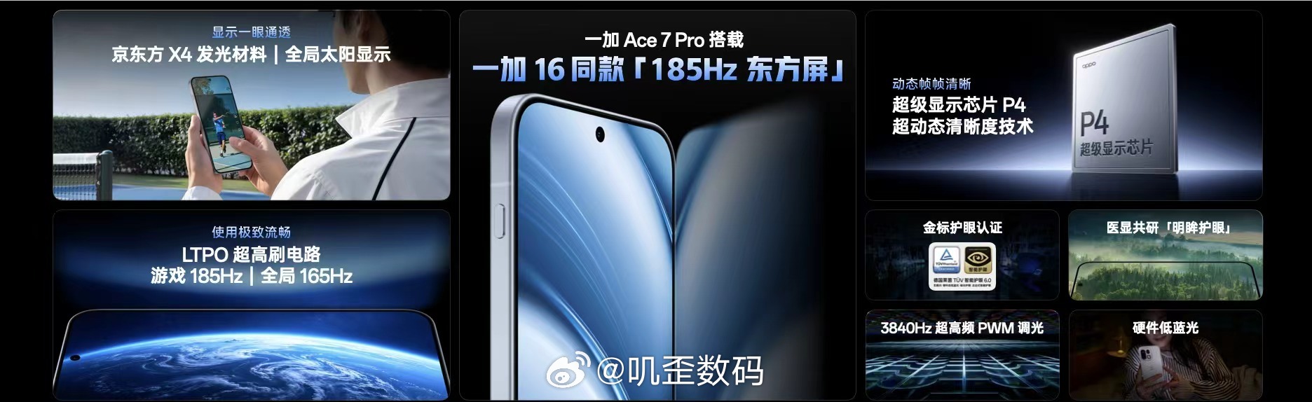 一加 Ace 7 系列全系搭载第四代东方屏，独家定制 X4 发光材料，当前行业唯