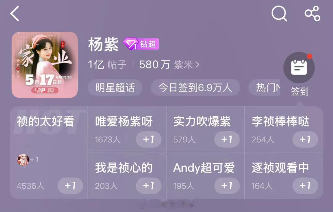 杨紫超话发帖破1亿了 真的是女顶流吧 