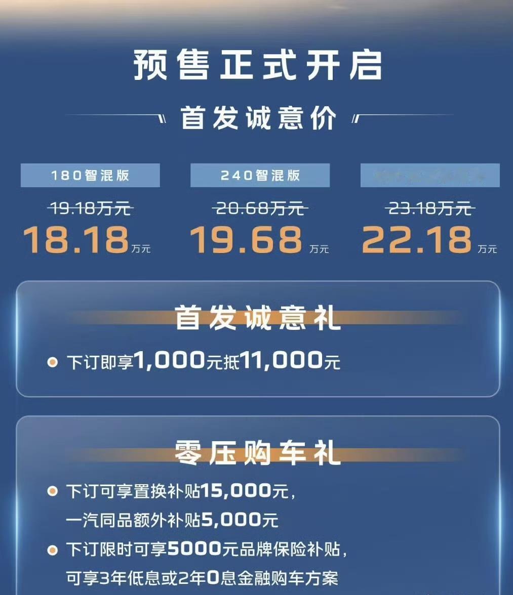 全新红旗H7开启预售了，官方价格19.18-23.18万，权益后18.18-22
