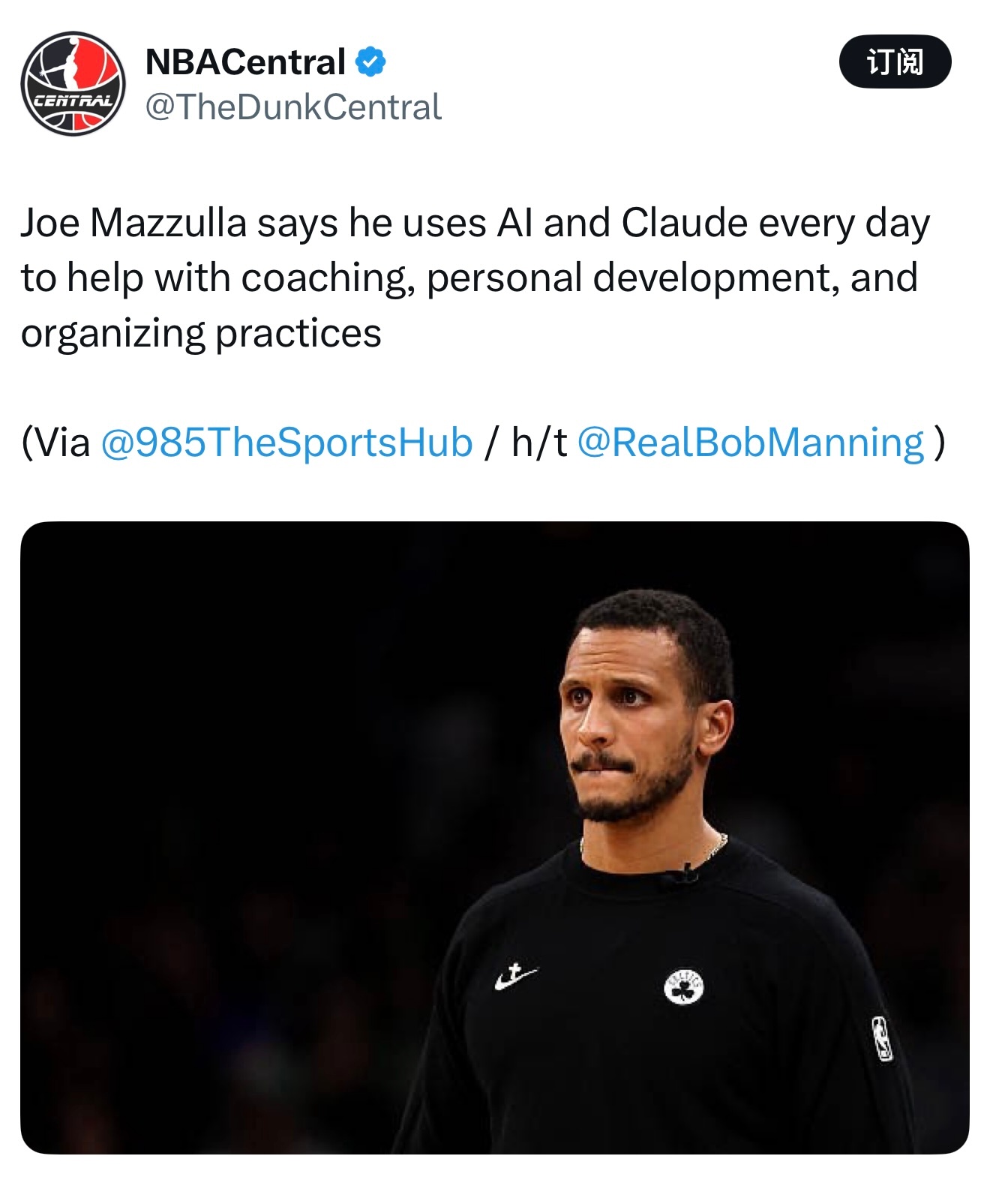 有意思，马祖拉好像是第一个说会用AI辅助执教的教练 NBA 马祖拉说，“我每天都