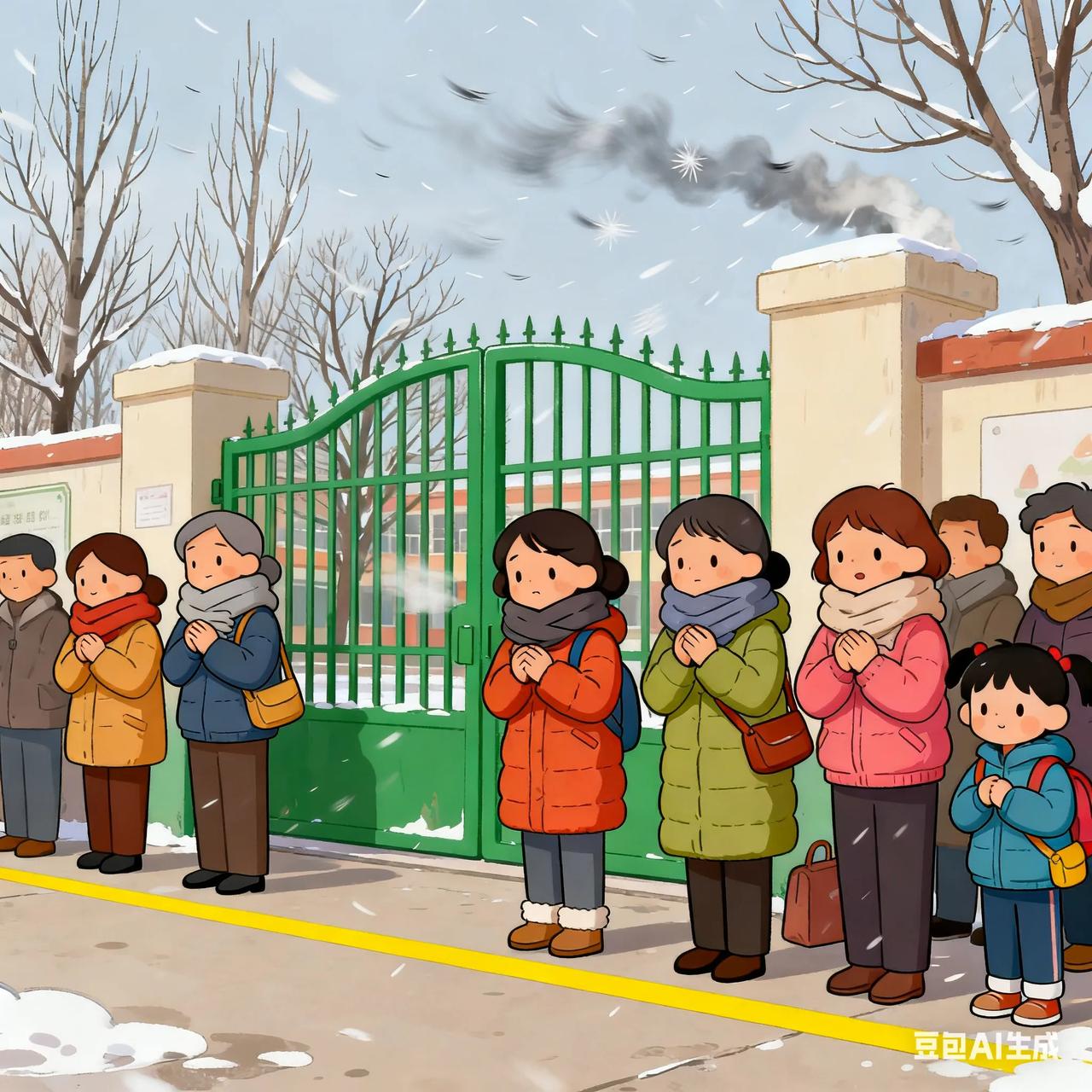 天冷啦！去学校接孩子的老人要受罪了，这大风呜呜的，真是往饱了灌老人啊！学校也不好