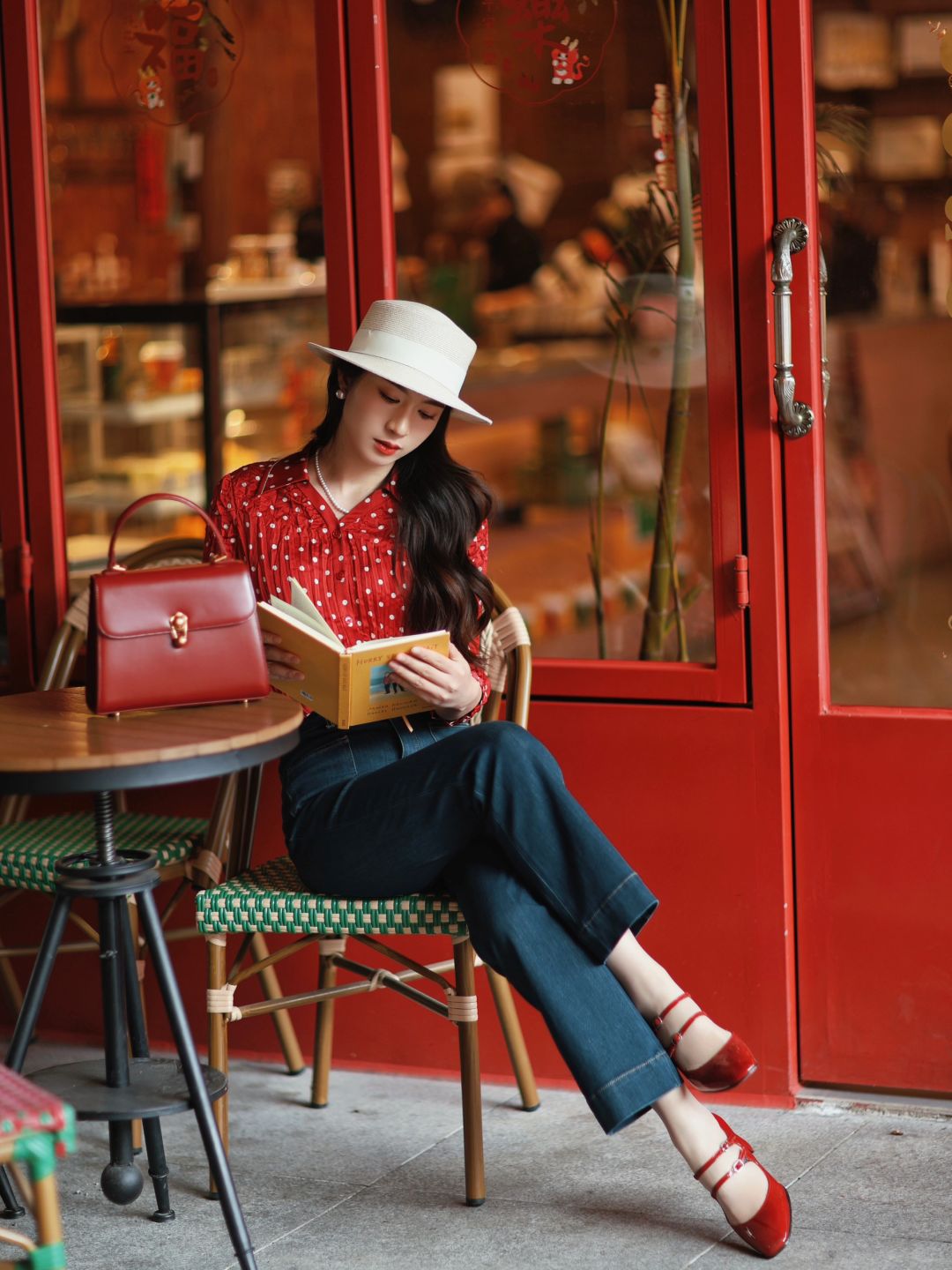 波点红➕蓝色牛仔👖法式复古风拿捏