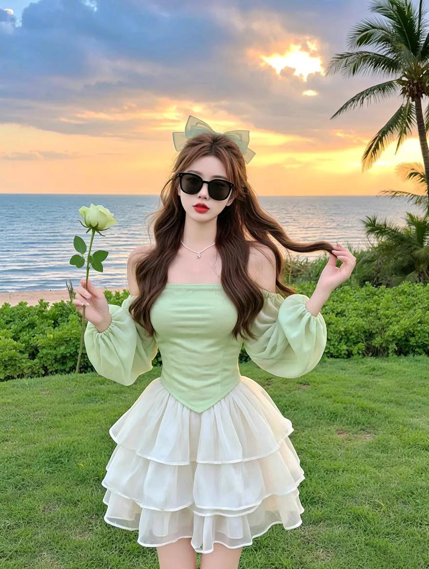 海边日落下的甜美少女