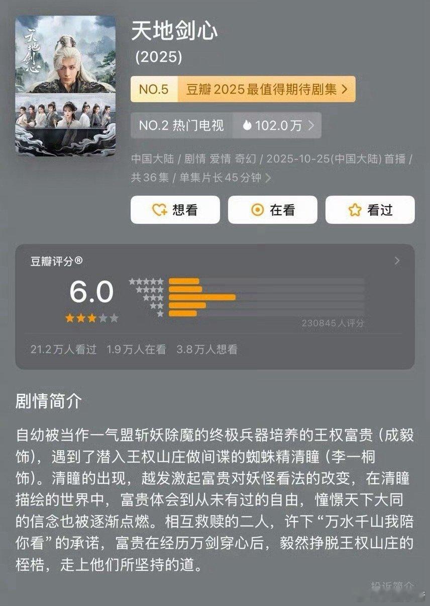 成毅《天地剑心》豆瓣开分6.0，23W➕人打分！ ​​​