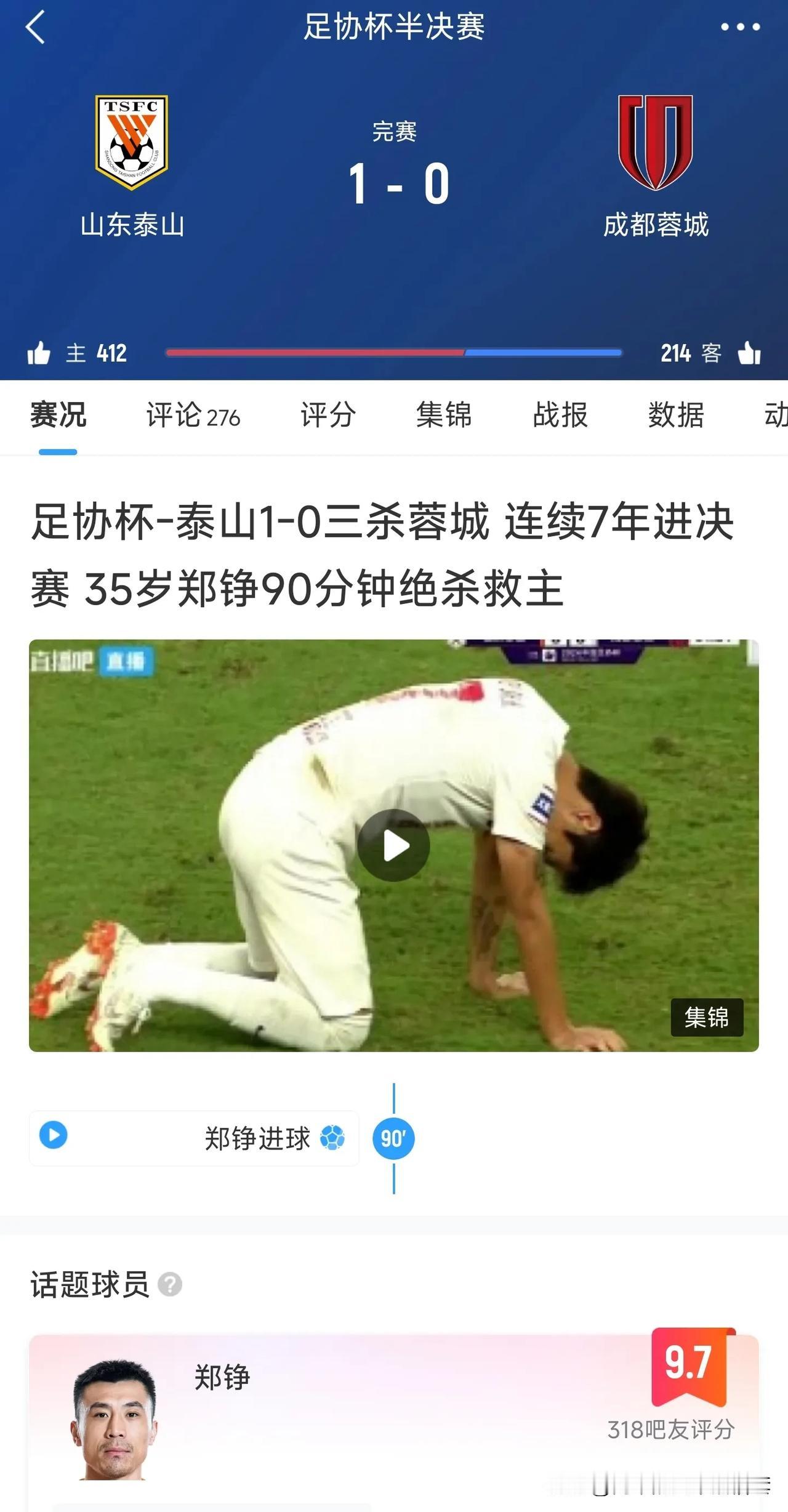 足协杯战报:山东泰山1:0战胜成都蓉城，连续7年进入足协杯决赛！在足协杯层面上，