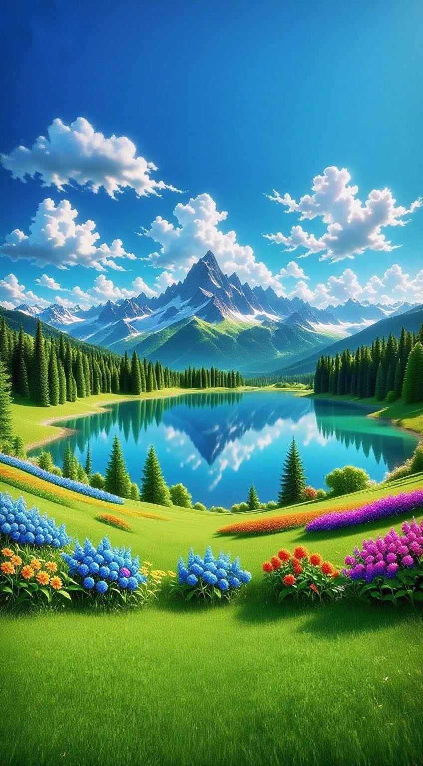 《镜湖嵌在青山间》
 
风裹着草木的清甜漫过脚踝，抬眼时，整片春野正浸在日光里发