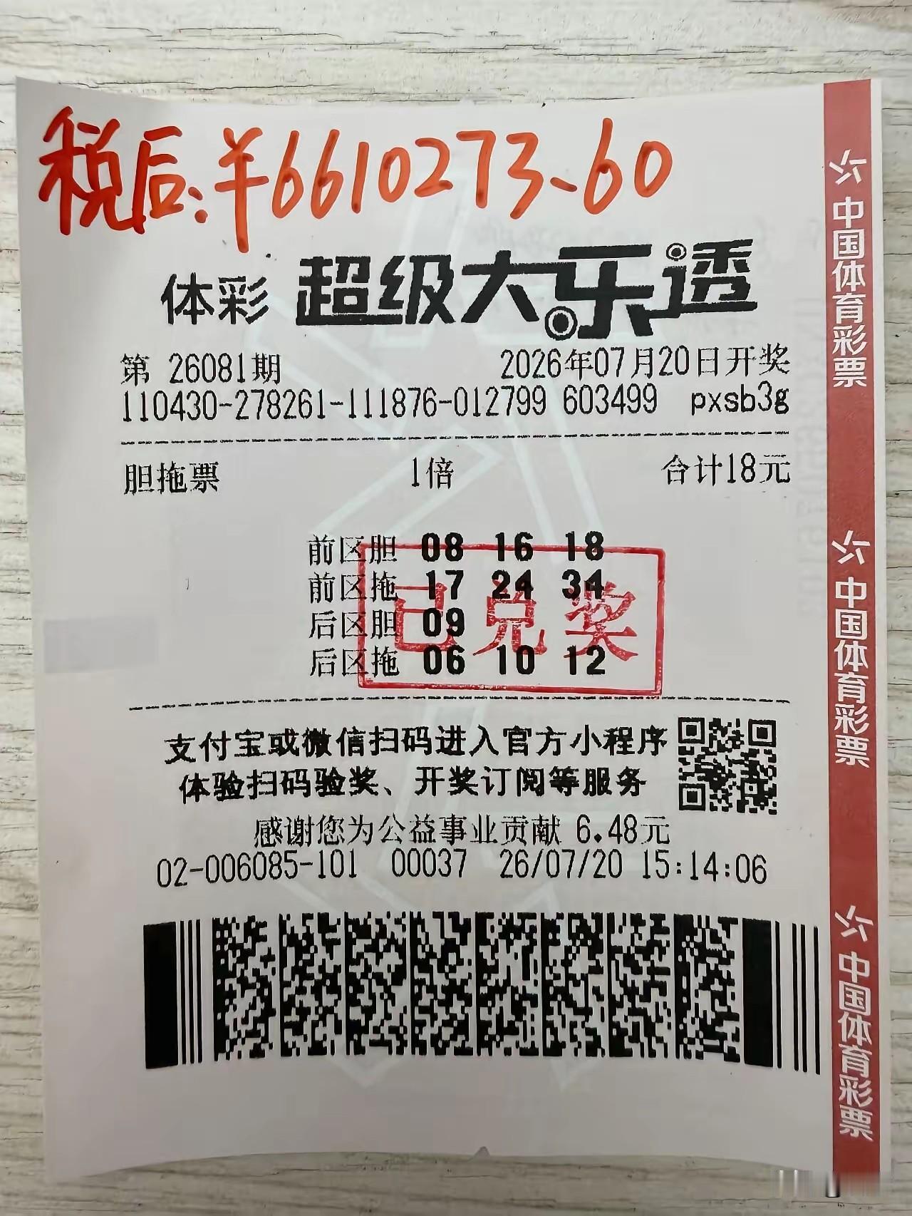 一彩民18元1倍投超级大乐透，居然中了600多万，投注的方式是胆拖票，说实话我是