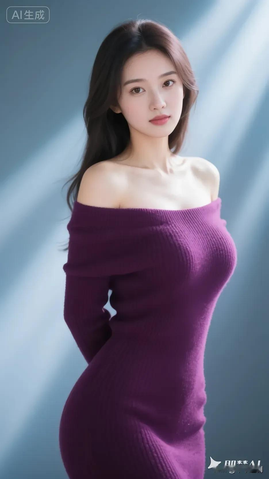 成熟稳重的美女你喜欢吗?
葡萄紫露肩针织裙衬着冷蓝光影，顺直长发揉出妩媚又优雅的