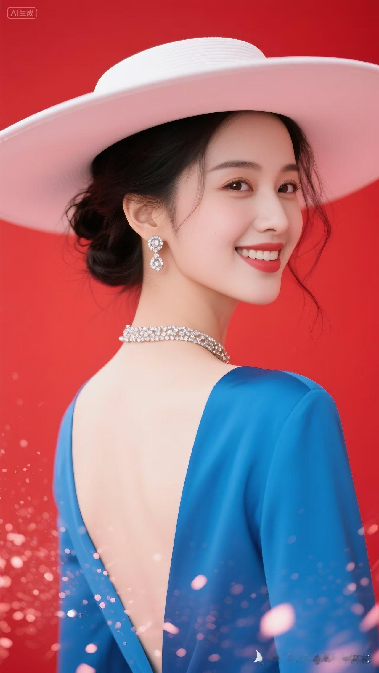 优雅蓝裙搭配闪耀珠宝，在红背景下绽放出别样的魅力。她戴着大帽子、珍珠项链，迷人微