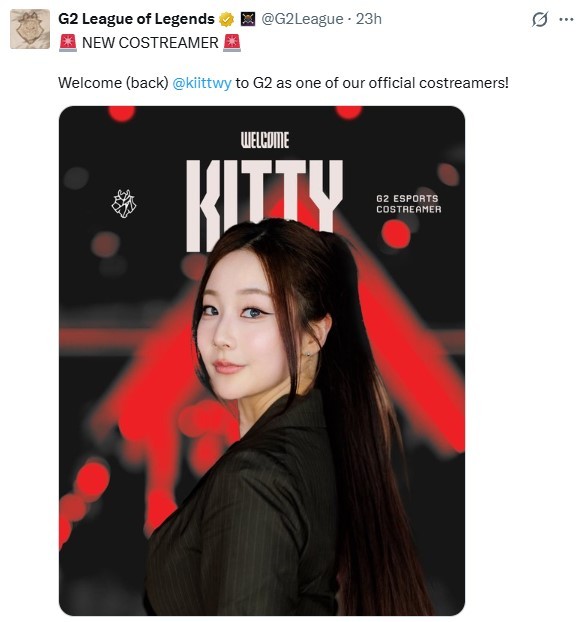 大大方方探班！G2发布人员变动公告，Kitty加入队伍担任合作主播，具体如下："