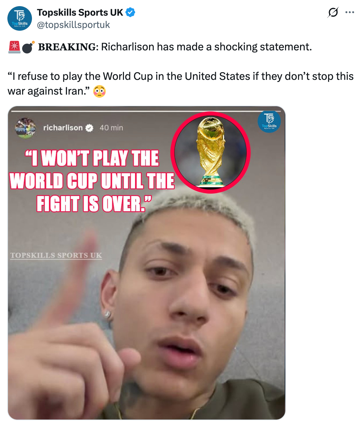 理查利森x：需要澄清一下，因为这则假消息已经传播得太过分了：我从未发表过那样的言