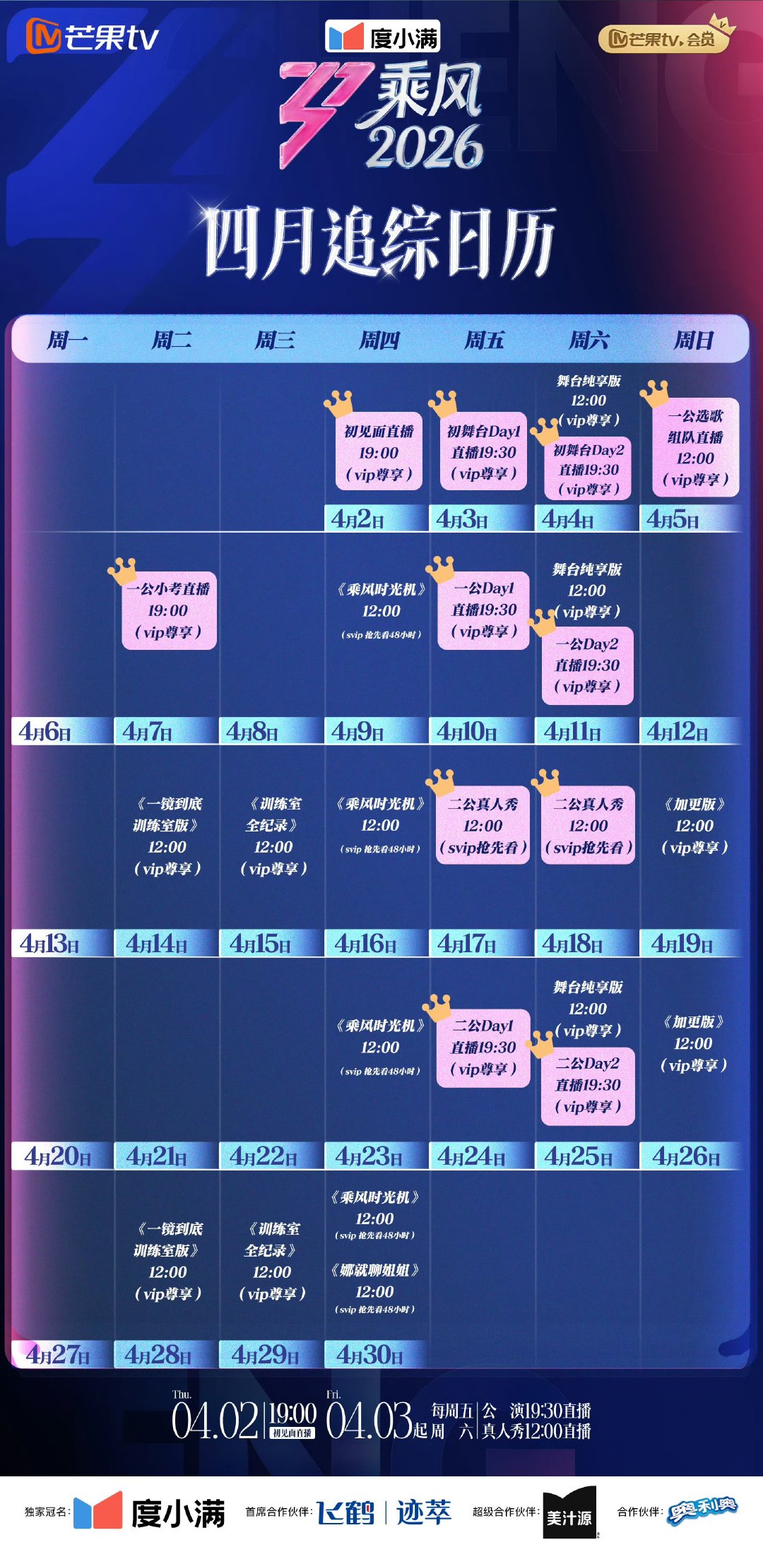 乘风2026追综日历乘风20264月3日起准时开播，双档内容轮番上线，一次就能看