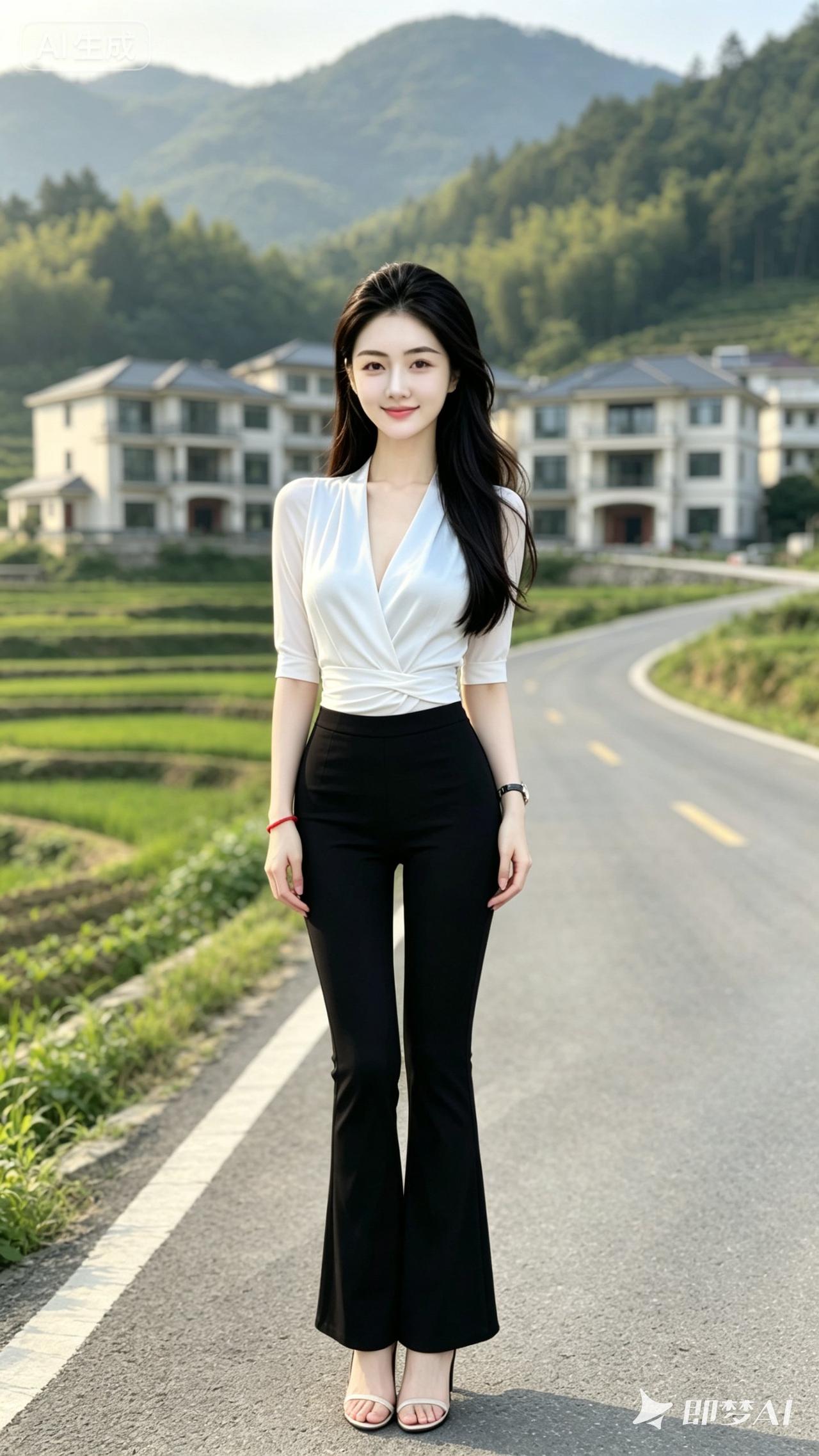 一个漂亮女孩站在乡村路上。