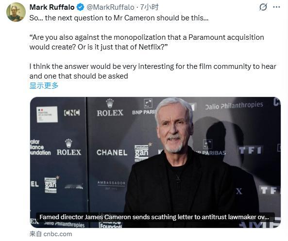马克·鲁法洛公开回呛詹姆斯·卡梅隆，起因是后者近期炮轰网飞收购华纳一事。这位《阿