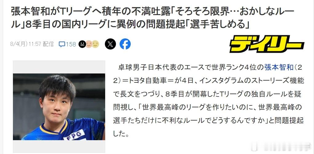 张本智和炮轰日本联赛张本智和这个社交媒体发了之后，反应很激烈。张本智和：“我们本