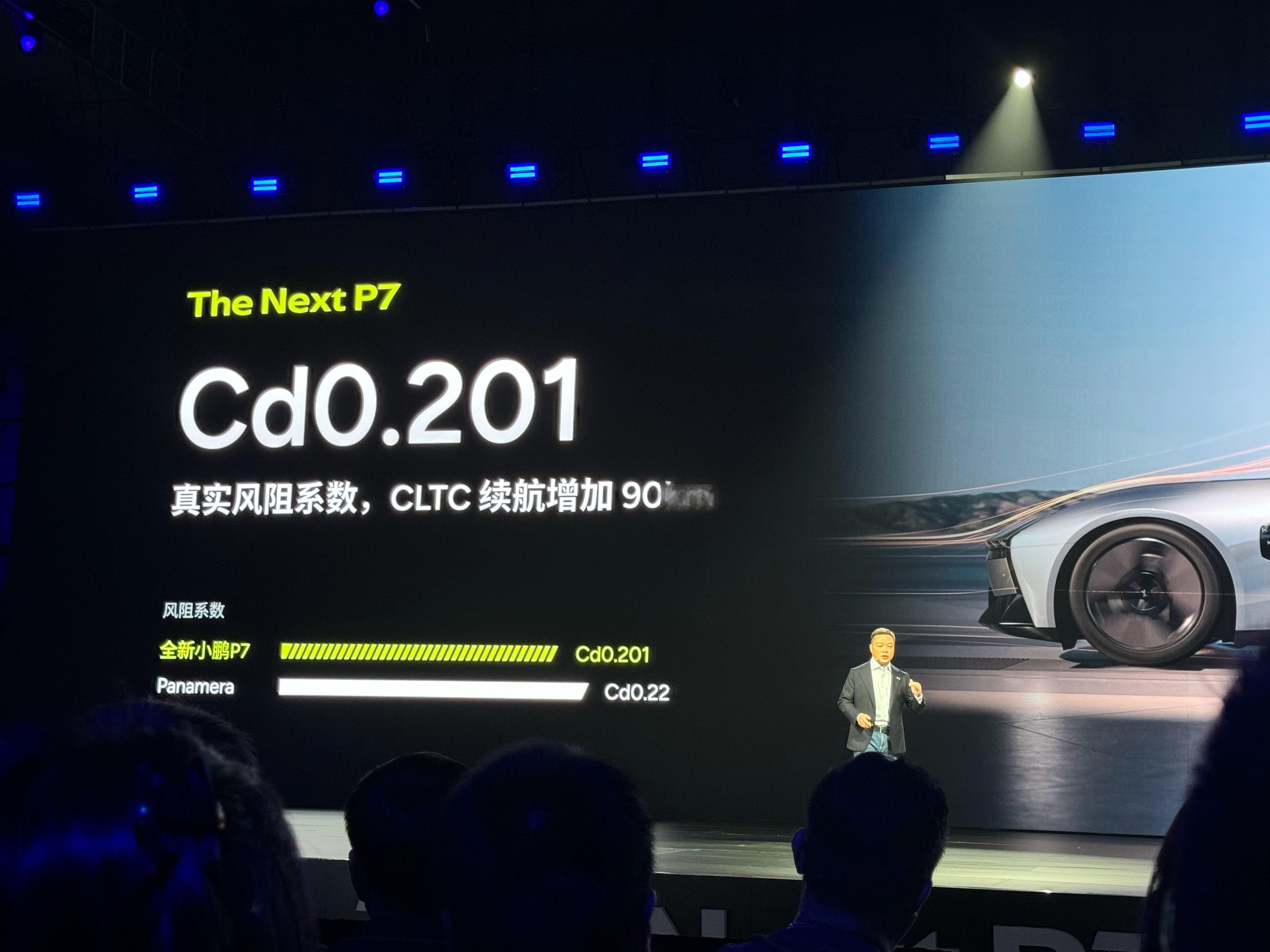 小鹏新 P7 风阻系数 Cd0.201。何小鹏：这个数据在风洞实验室吹了 40 
