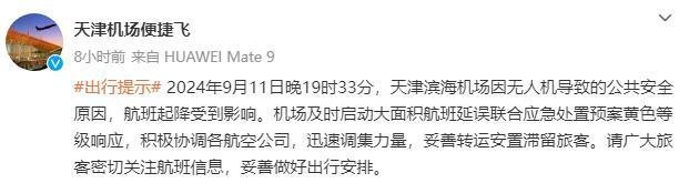 #天津黑飞#因为无人机影响航班起降，天津滨海机场从9月11日晚19时33分停飞到